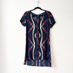 Amanda Uprichard Navy Blue Navajo Silk V Neck Shift Short Sleeve Dress